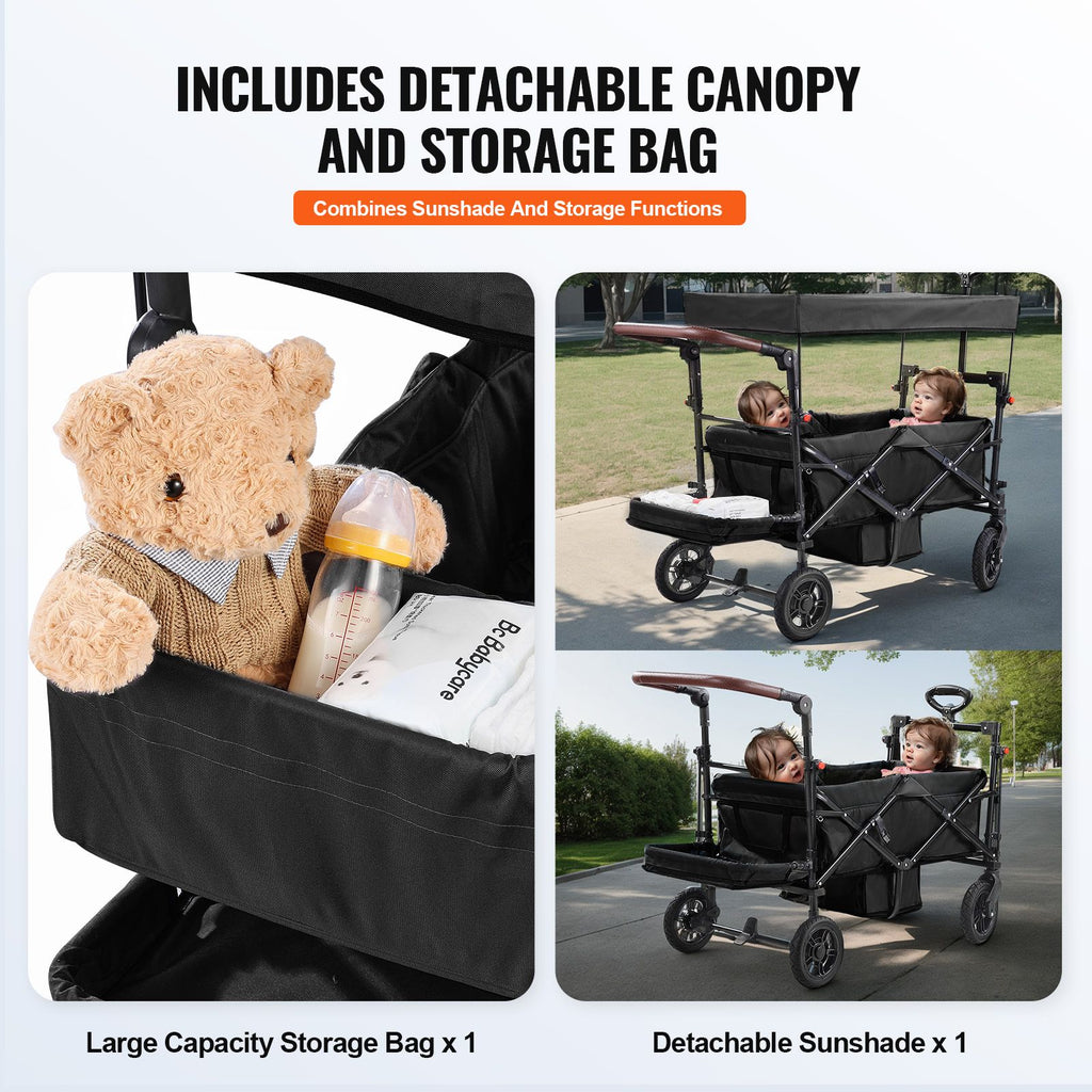 AEELLEEA 2-Kid Collapsible Wagon Stroller with Removable Canopy, Adjustable Push/Pull Handle & Brakes, Black