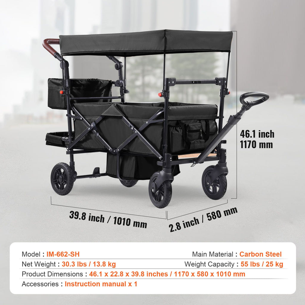 AEELLEEA 2-Kid Collapsible Wagon Stroller with Removable Canopy, Adjustable Push/Pull Handle & Brakes, Black
