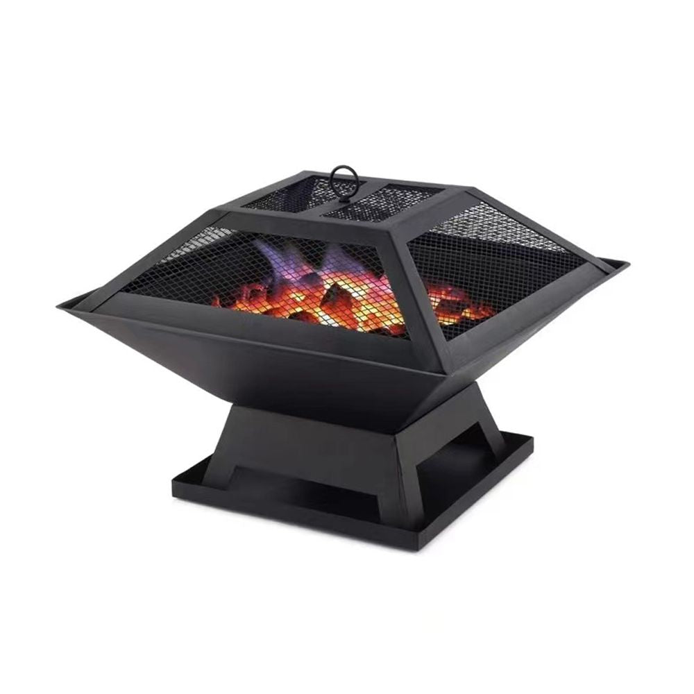 AEELLEEA Square Wood Burning Fire Pit with Mesh Spark Screen and Poker, Portable Outdoor Fireplace for Patio and Backyard, Black