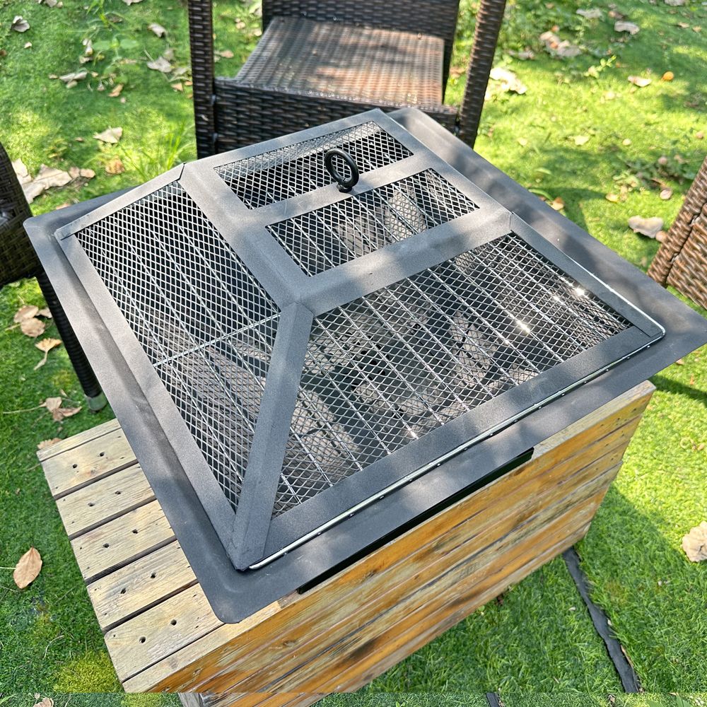 AEELLEEA Square Wood Burning Fire Pit with Mesh Spark Screen and Poker, Portable Outdoor Fireplace for Patio and Backyard, Black