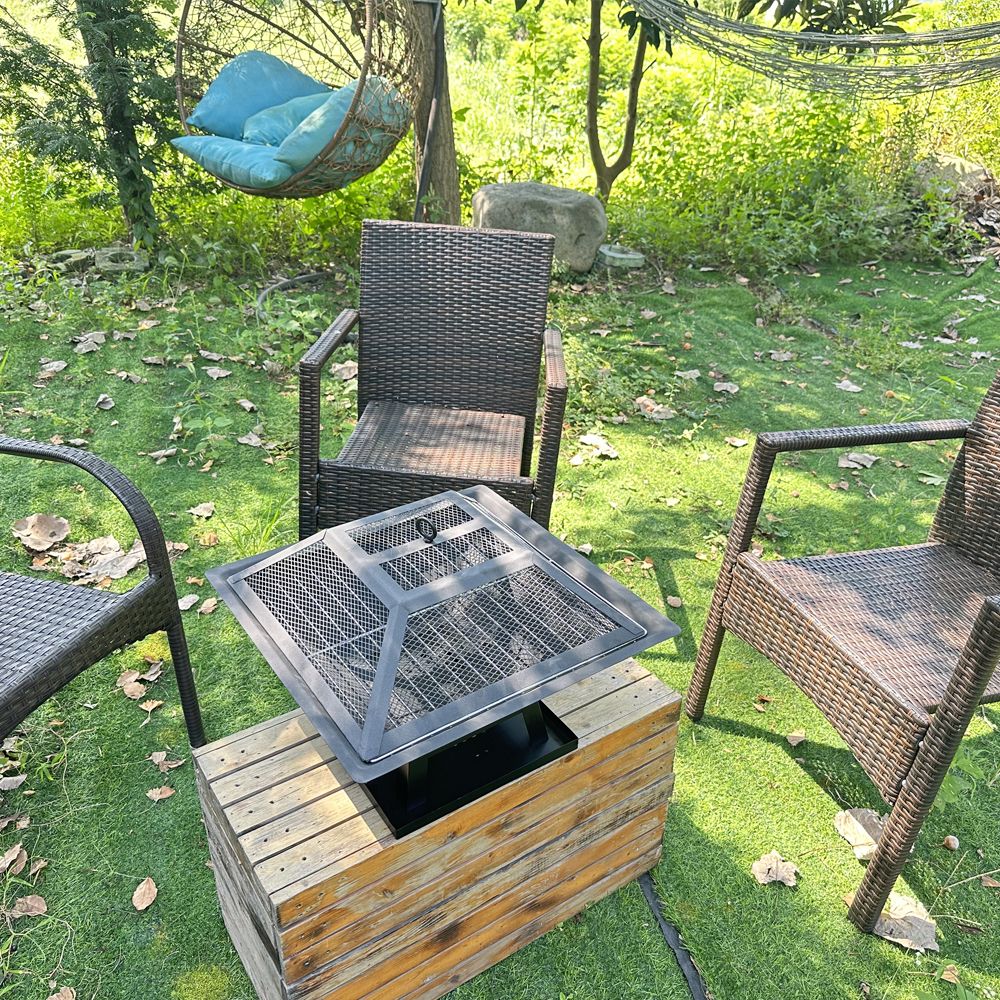 AEELLEEA Square Wood Burning Fire Pit with Mesh Spark Screen and Poker, Portable Outdoor Fireplace for Patio and Backyard, Black