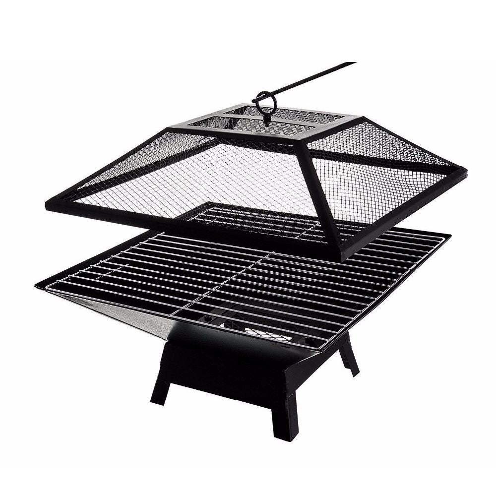 AEELLEEA Square Wood Burning Fire Pit with Mesh Spark Screen and Poker, Portable Outdoor Fireplace for Patio and Backyard, Black