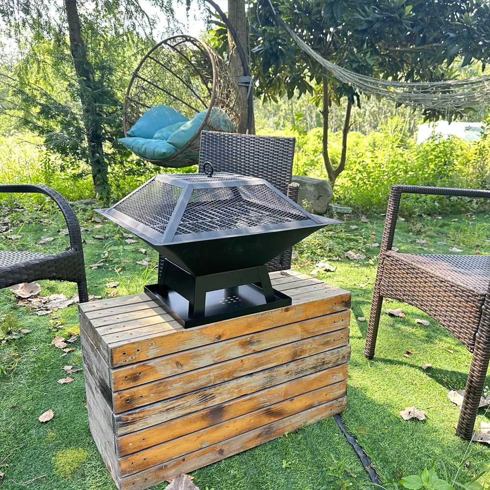 AEELLEEA Square Wood Burning Fire Pit with Mesh Spark Screen and Poker, Portable Outdoor Fireplace for Patio and Backyard, Black