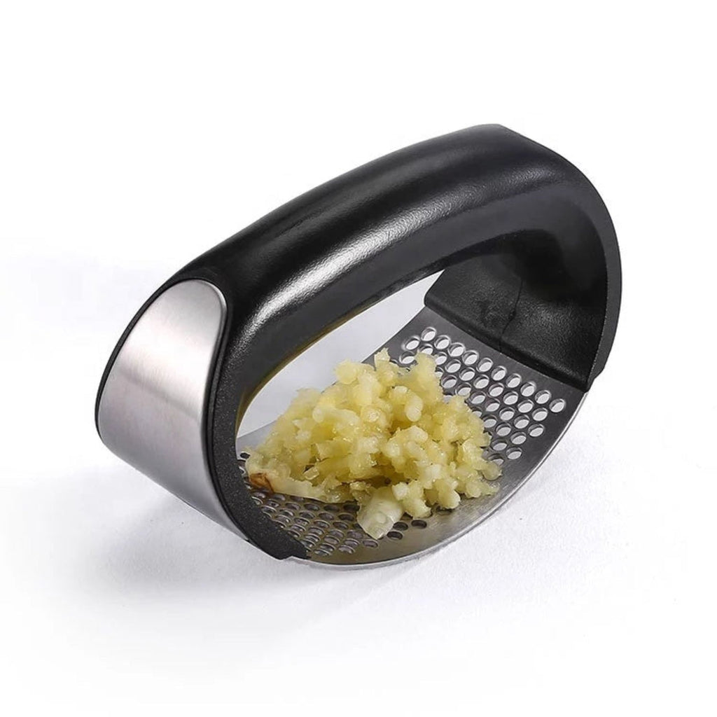 Stainless Steel Rocking Garlic Press & Crusher, Ergonomic Manual Garlic Mincer with Easy-Grip Handle, Black & Silver