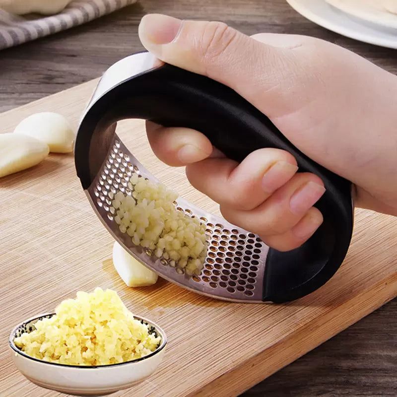 Stainless Steel Rocking Garlic Press & Crusher, Ergonomic Manual Garlic Mincer with Easy-Grip Handle, Black & Silver