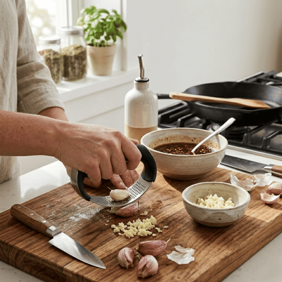 Stainless Steel Rocking Garlic Press & Crusher, Ergonomic Manual Garlic Mincer with Easy-Grip Handle, Black & Silver