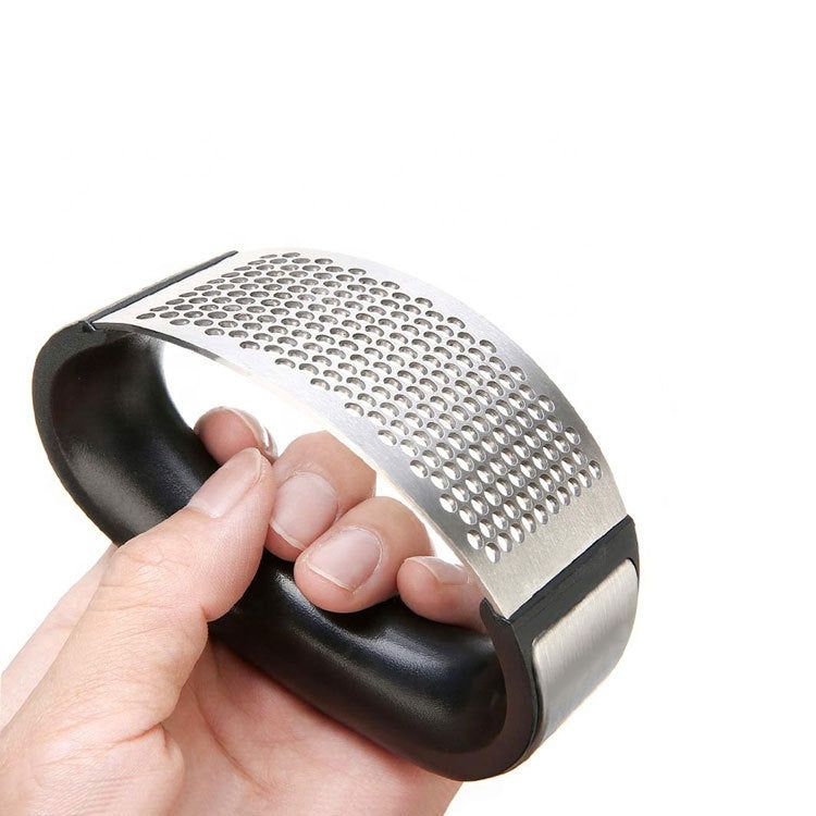 Stainless Steel Rocking Garlic Press & Crusher, Ergonomic Manual Garlic Mincer with Easy-Grip Handle, Black & Silver
