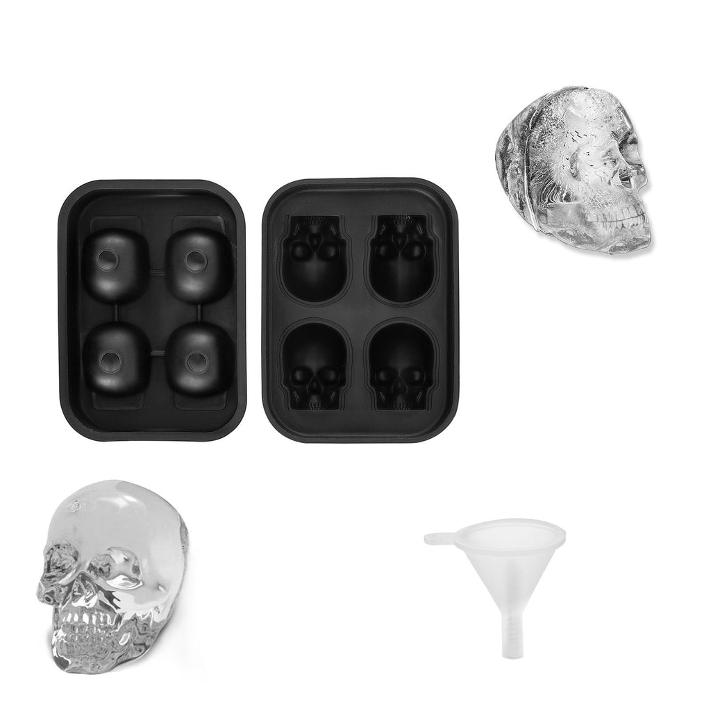 4-Cavity Skull Silicone Ice Cube Tray with Lid & Funnel - Black, Christmas Holiday Party Drink Mold