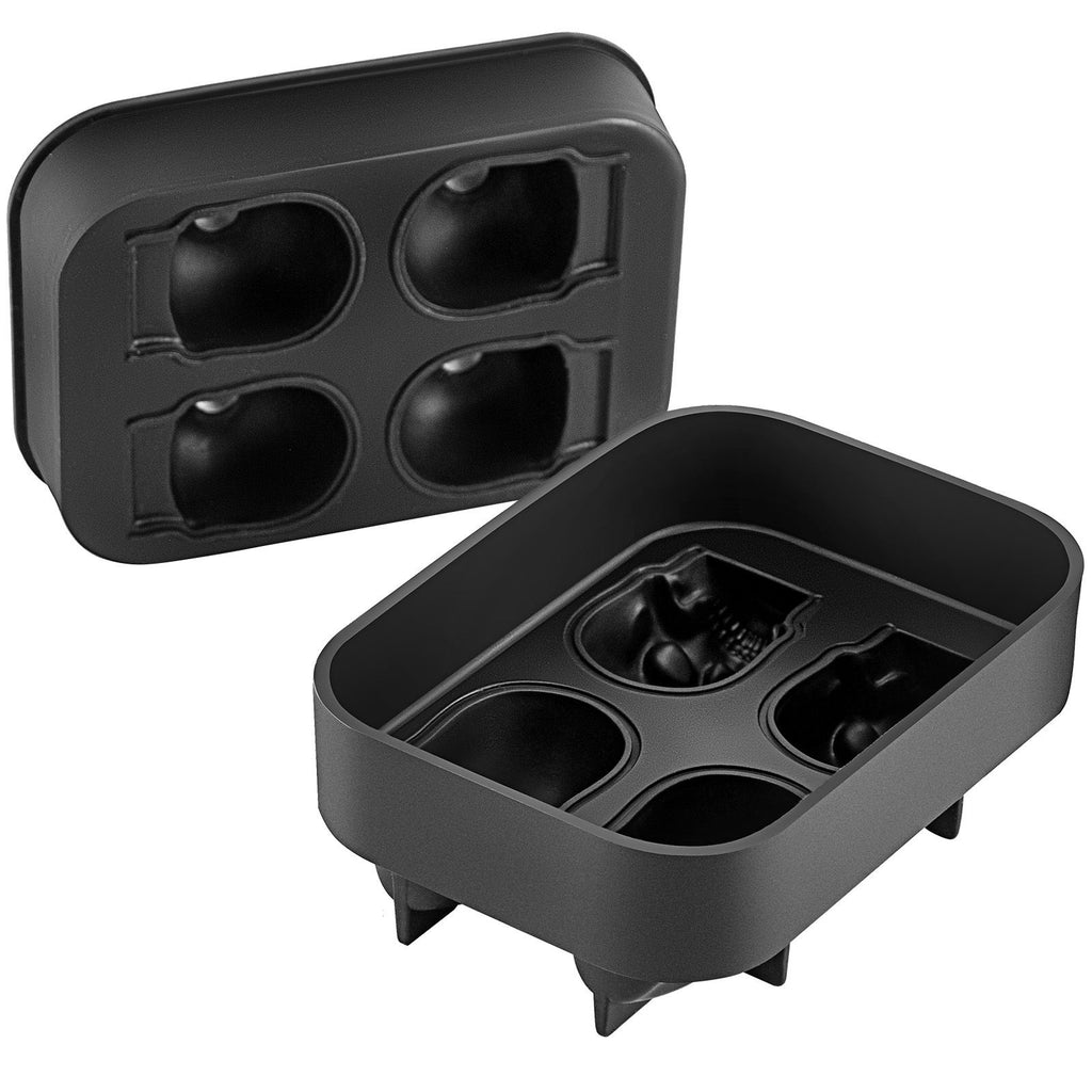 4-Cavity Skull Silicone Ice Cube Tray with Lid & Funnel - Black, Christmas Holiday Party Drink Mold