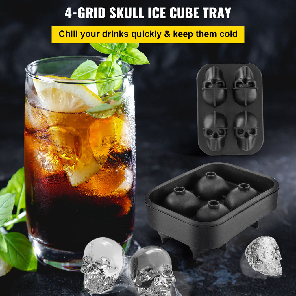 4-Cavity Skull Silicone Ice Cube Tray with Lid & Funnel - Black, Christmas Holiday Party Drink Mold
