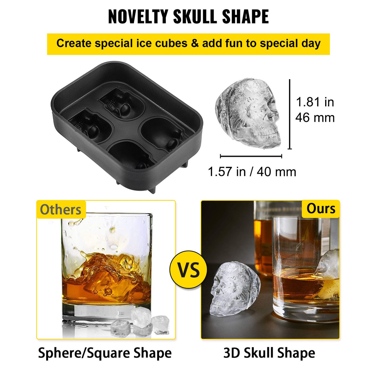 4-Cavity Skull Silicone Ice Cube Tray with Lid & Funnel - Black, Christmas Holiday Party Drink Mold