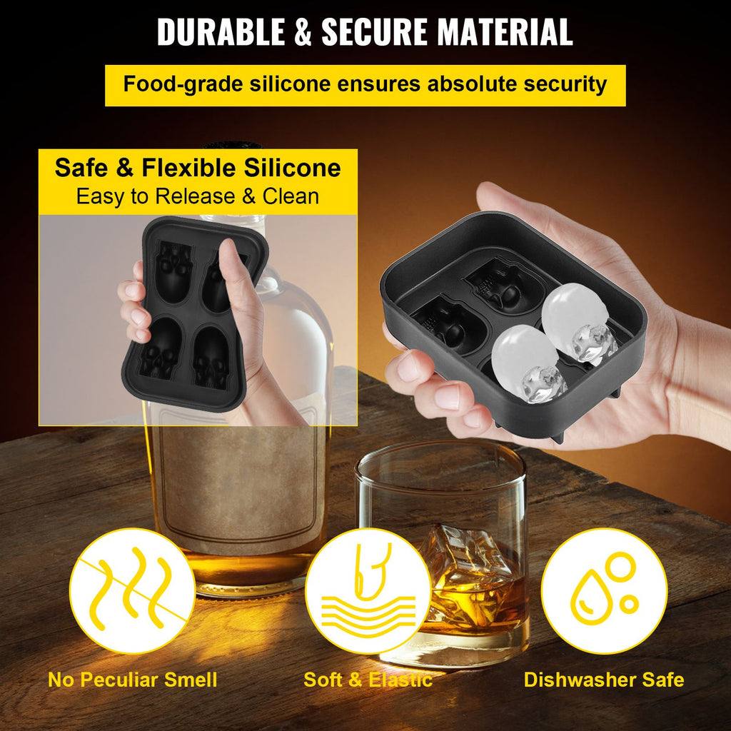 4-Cavity Skull Silicone Ice Cube Tray with Lid & Funnel - Black, Christmas Holiday Party Drink Mold