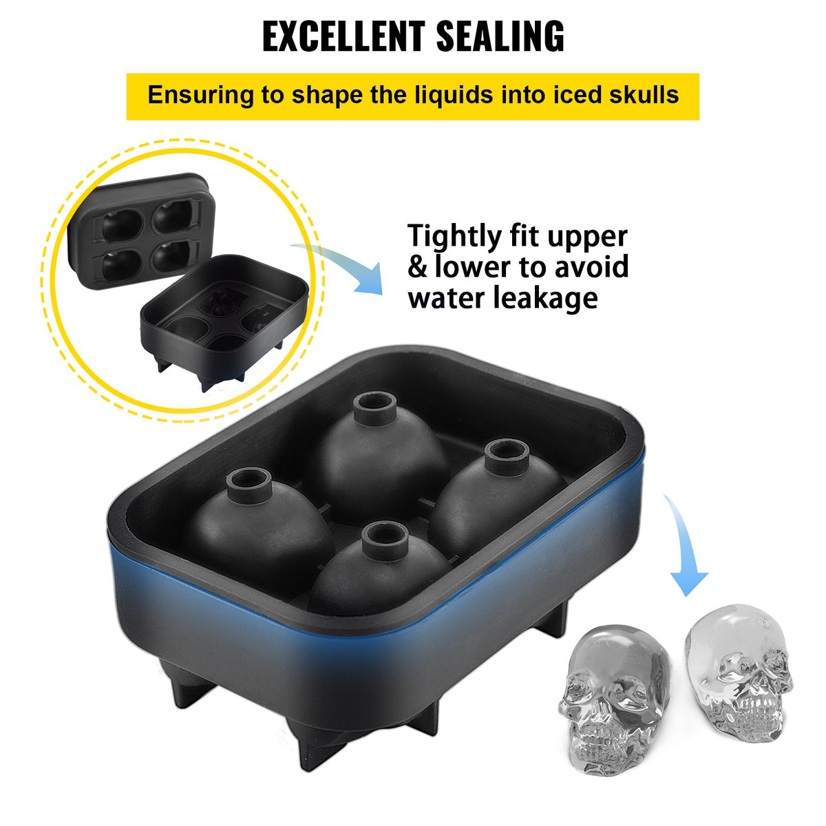 4-Cavity Skull Silicone Ice Cube Tray with Lid & Funnel - Black, Christmas Holiday Party Drink Mold