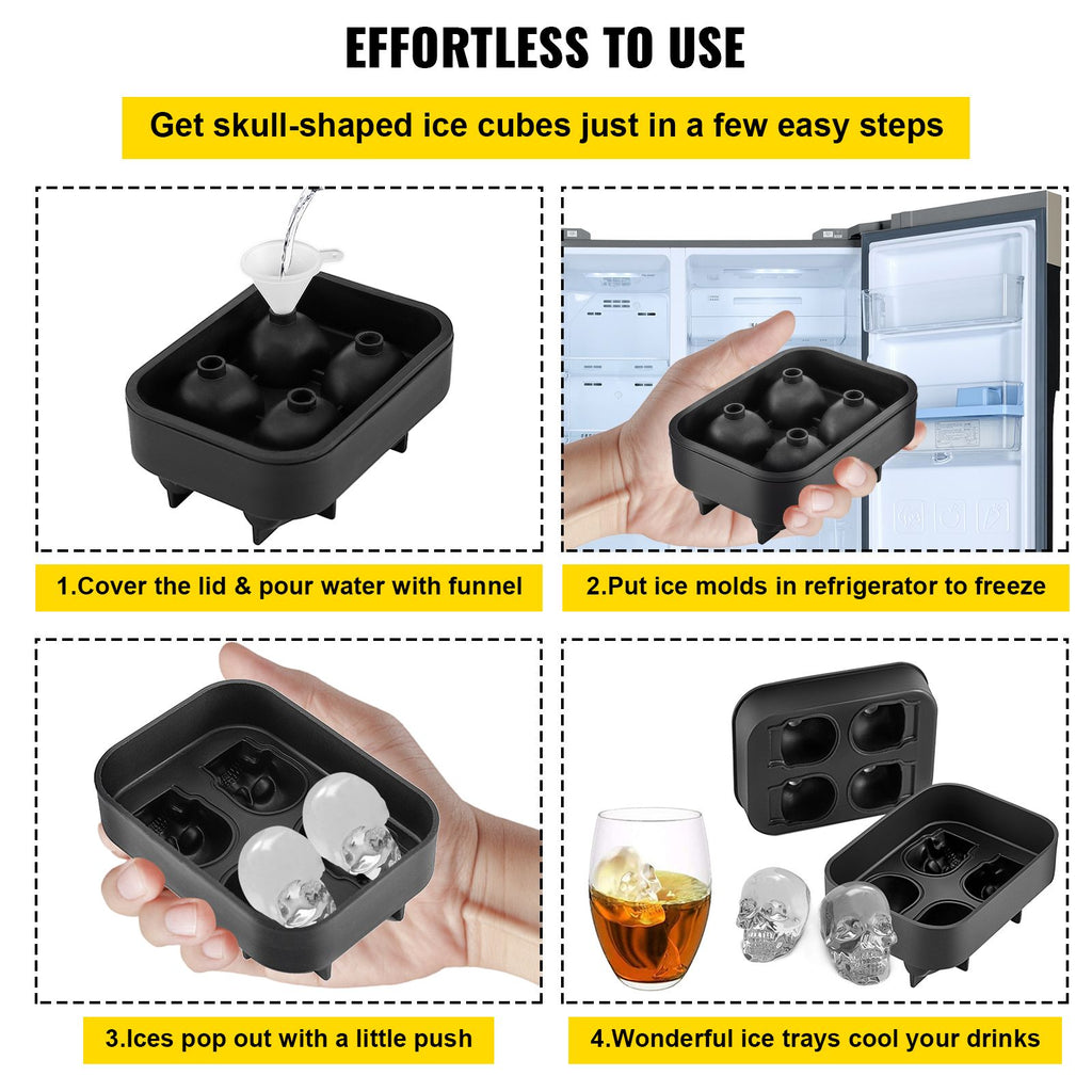 4-Cavity Skull Silicone Ice Cube Tray with Lid & Funnel - Black, Christmas Holiday Party Drink Mold