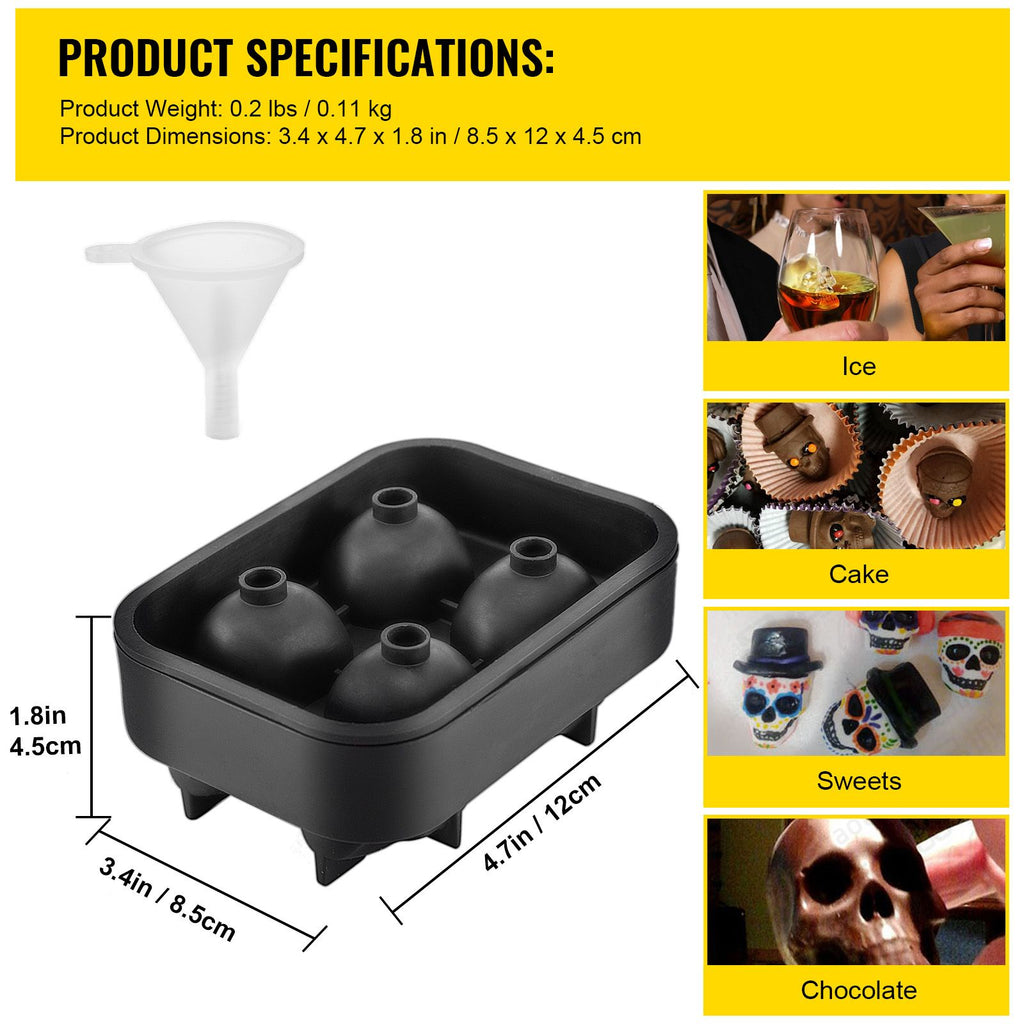 4-Cavity Skull Silicone Ice Cube Tray with Lid & Funnel - Black, Christmas Holiday Party Drink Mold