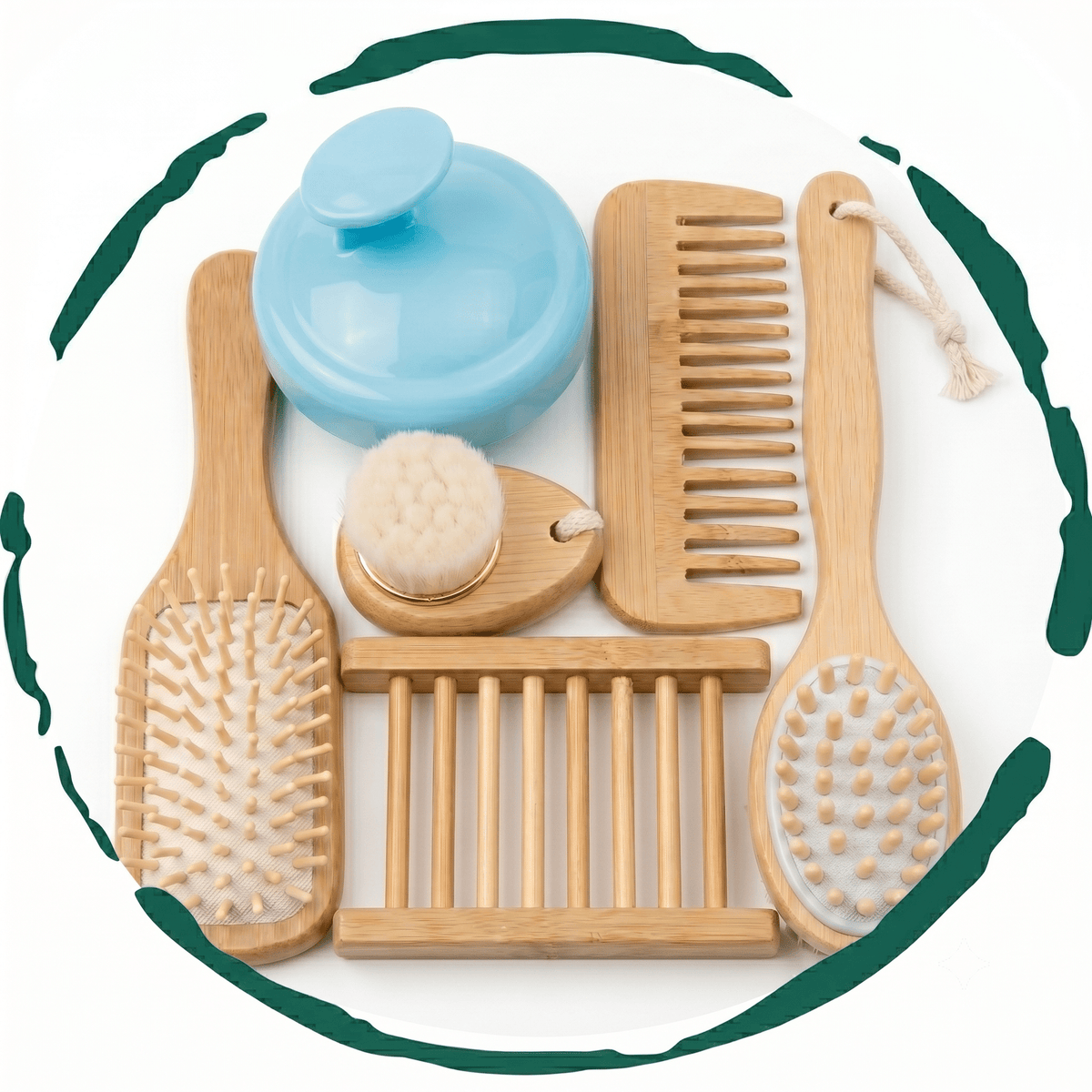 AEELLEEA 6-Piece Bamboo Bath & Body Care Set, Body Brush, Facial Brush, Hairbrush, Comb, Scalp Massager & Soap Dish
