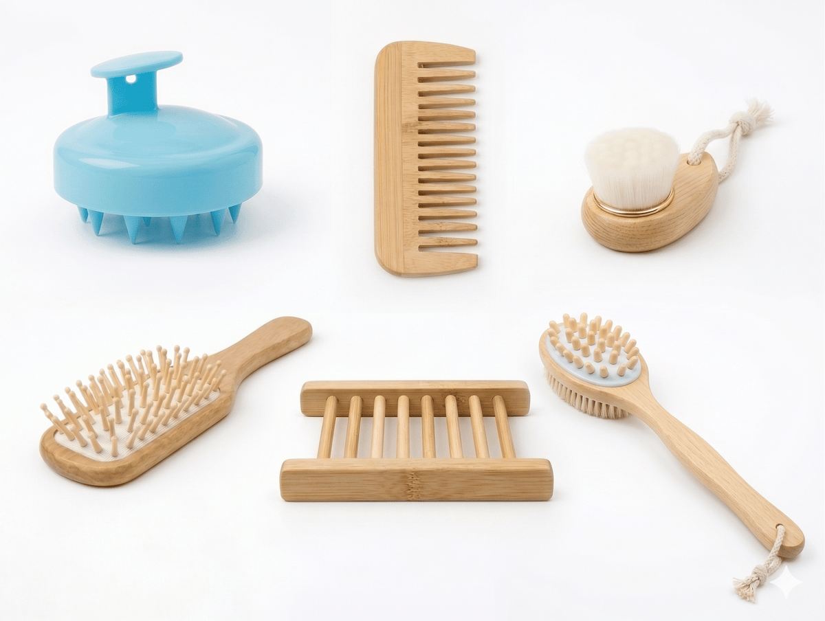AEELLEEA 6-Piece Bamboo Bath & Body Care Set, Body Brush, Facial Brush, Hairbrush, Comb, Scalp Massager & Soap Dish