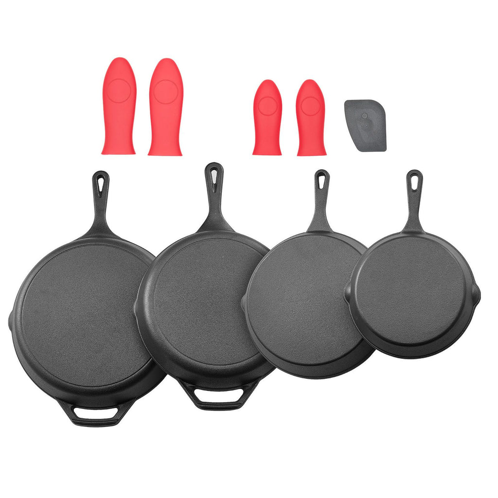4pc Cast Iron Skillet Set, 6", 8", 10" & 12" Pre-Seasoned Frying Pans - Black