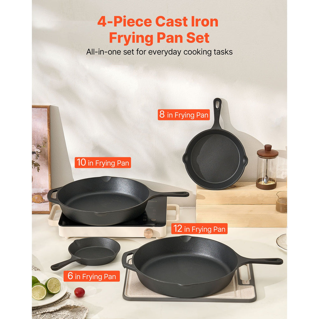 4pc Cast Iron Skillet Set, 6", 8", 10" & 12" Pre-Seasoned Frying Pans - Black