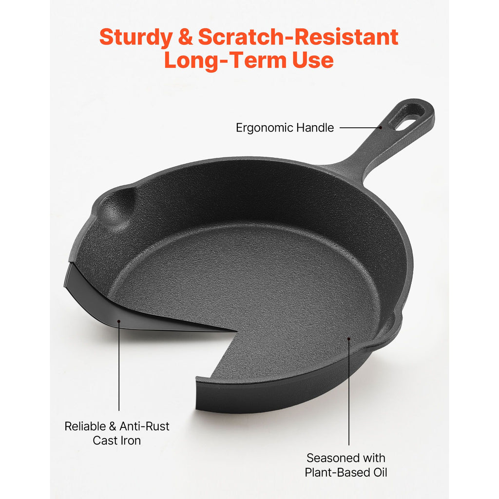 4pc Cast Iron Skillet Set, 6", 8", 10" & 12" Pre-Seasoned Frying Pans - Black