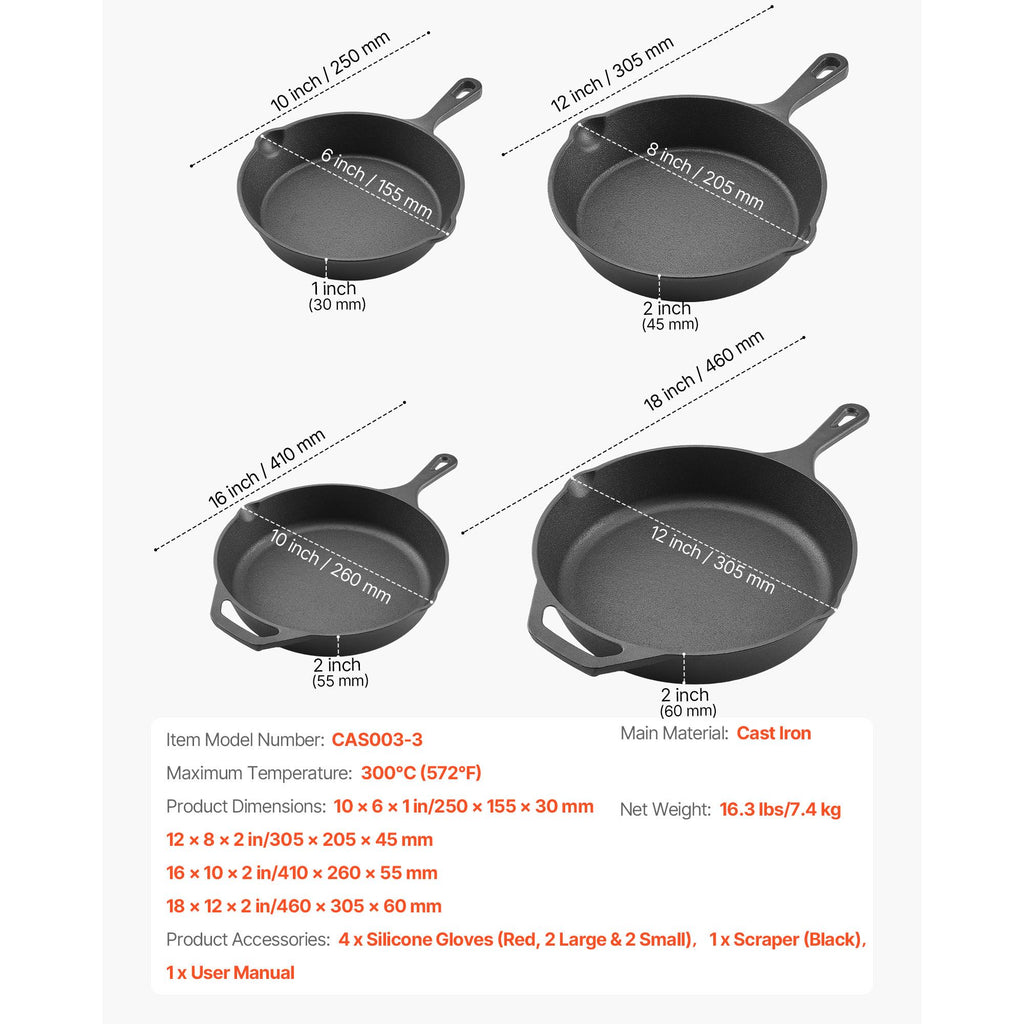 4pc Cast Iron Skillet Set, 6", 8", 10" & 12" Pre-Seasoned Frying Pans - Black