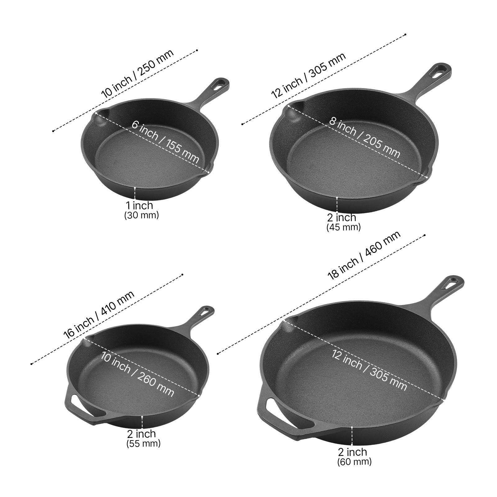 4pc Cast Iron Skillet Set, 6", 8", 10" & 12" Pre-Seasoned Frying Pans - Black