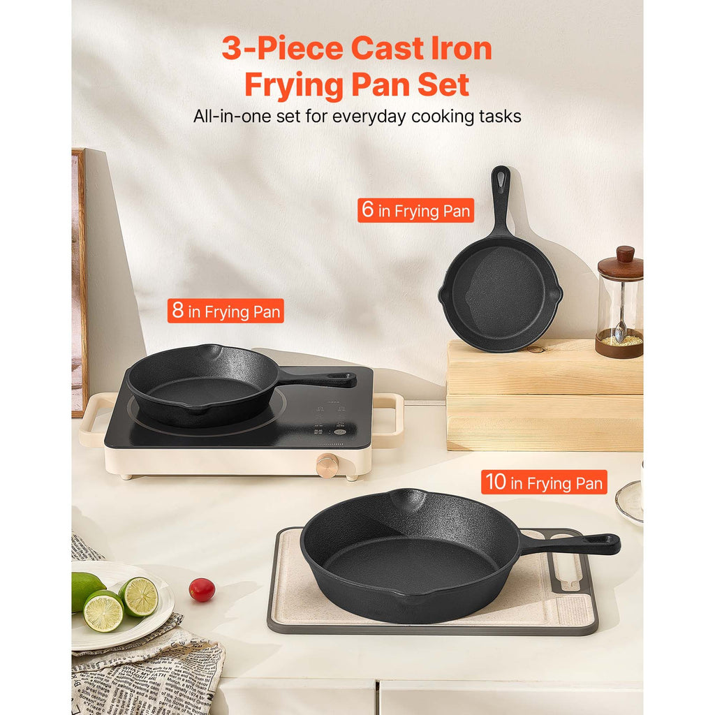3-Piece Cast Iron Skillet Set, Frying Pans for Oven, Gas, Electric & Induction