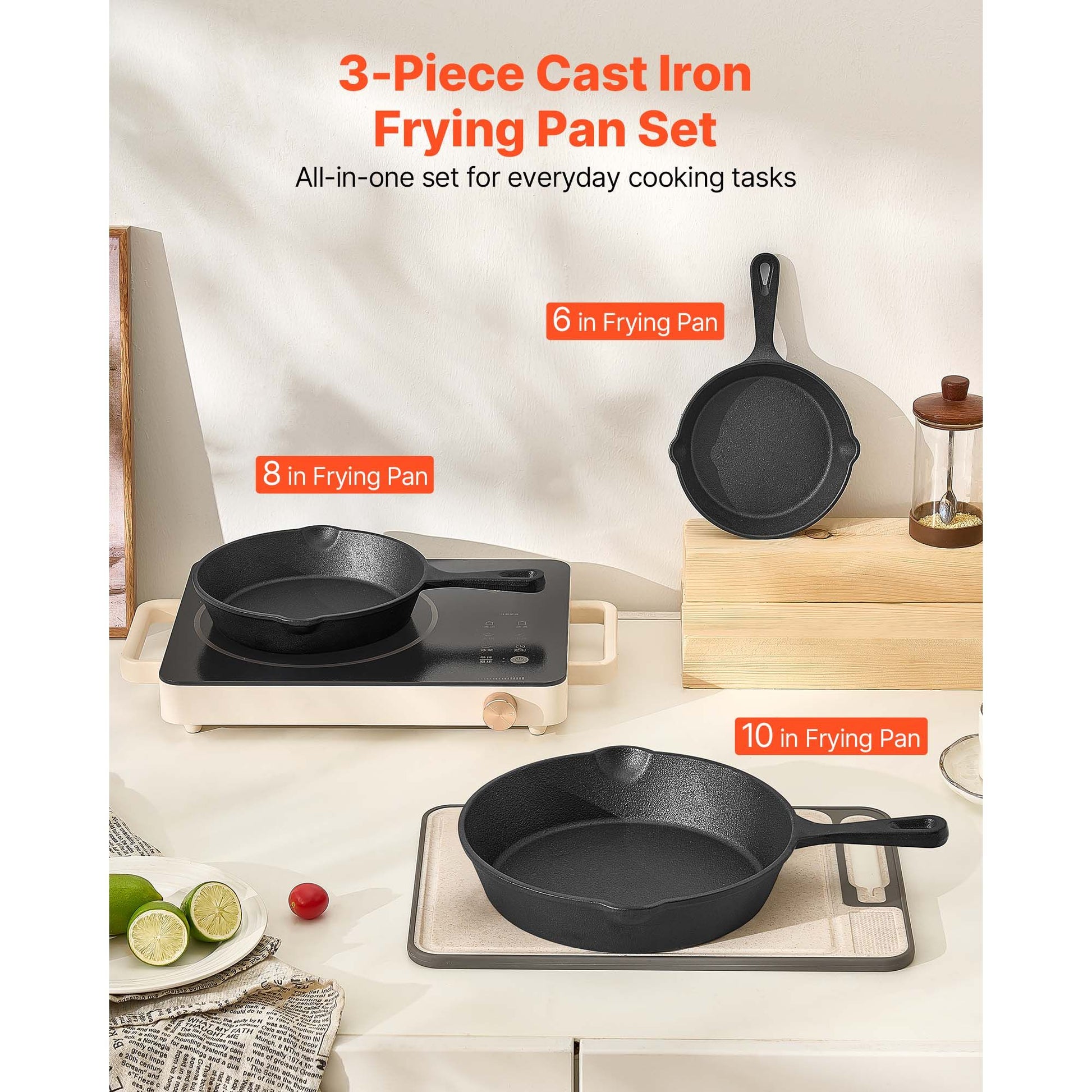 3-Piece Cast Iron Skillet Set, Frying Pans for Oven, Gas, Electric & Induction