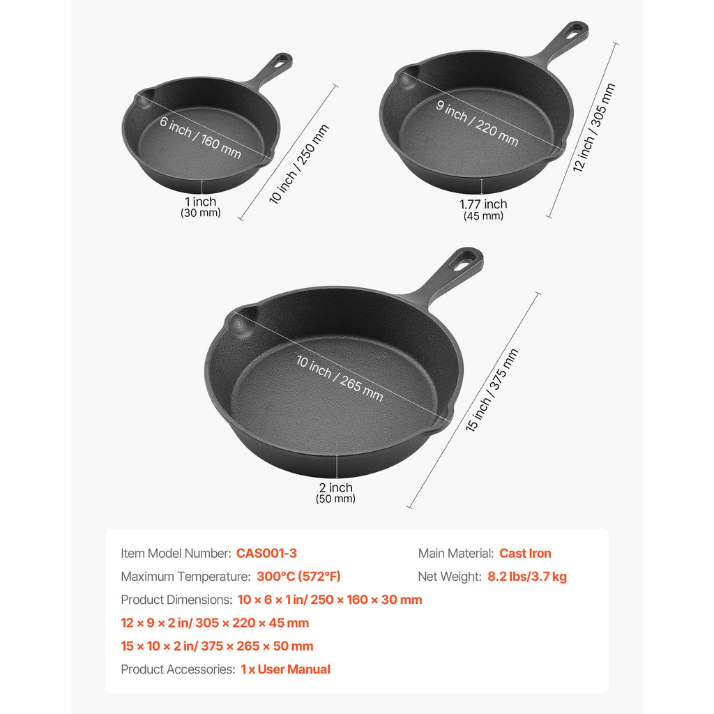 3-Piece Cast Iron Skillet Set, Frying Pans for Oven, Gas, Electric & Induction