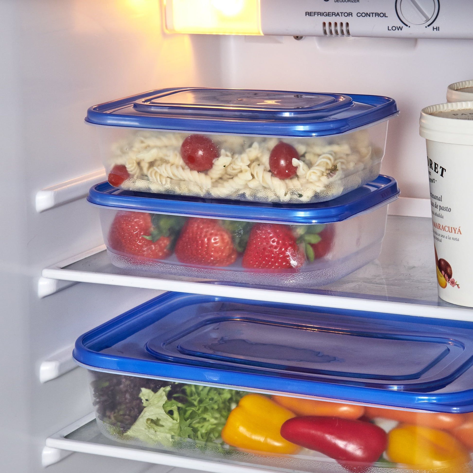 2-Pack Rectangular Food Storage Container Sets with Blue Lids, Stackable Clear Refrigerator Containers