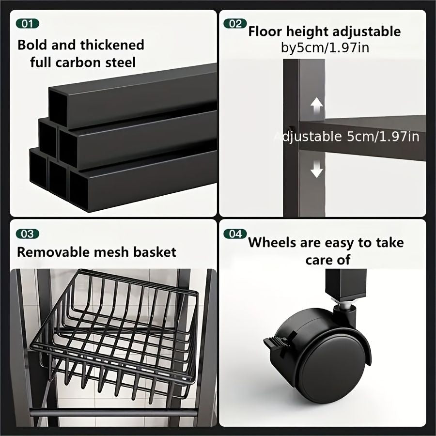 AEELLEEA 4-Tier Rolling Kitchen Storage Rack with 3 Removable Mesh Baskets, Carbon Steel Utility Cart with Wheels, Black