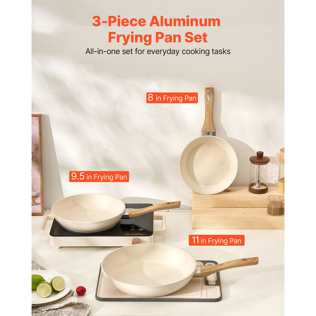 3pc Aluminum Nonstick Frying Pan Set, 8", 9.5" & 11" - Beige