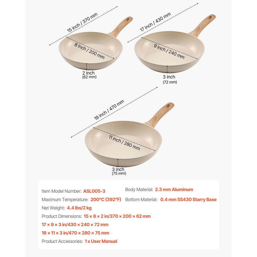 3pc Aluminum Nonstick Frying Pan Set, 8", 9.5" & 11" - Beige