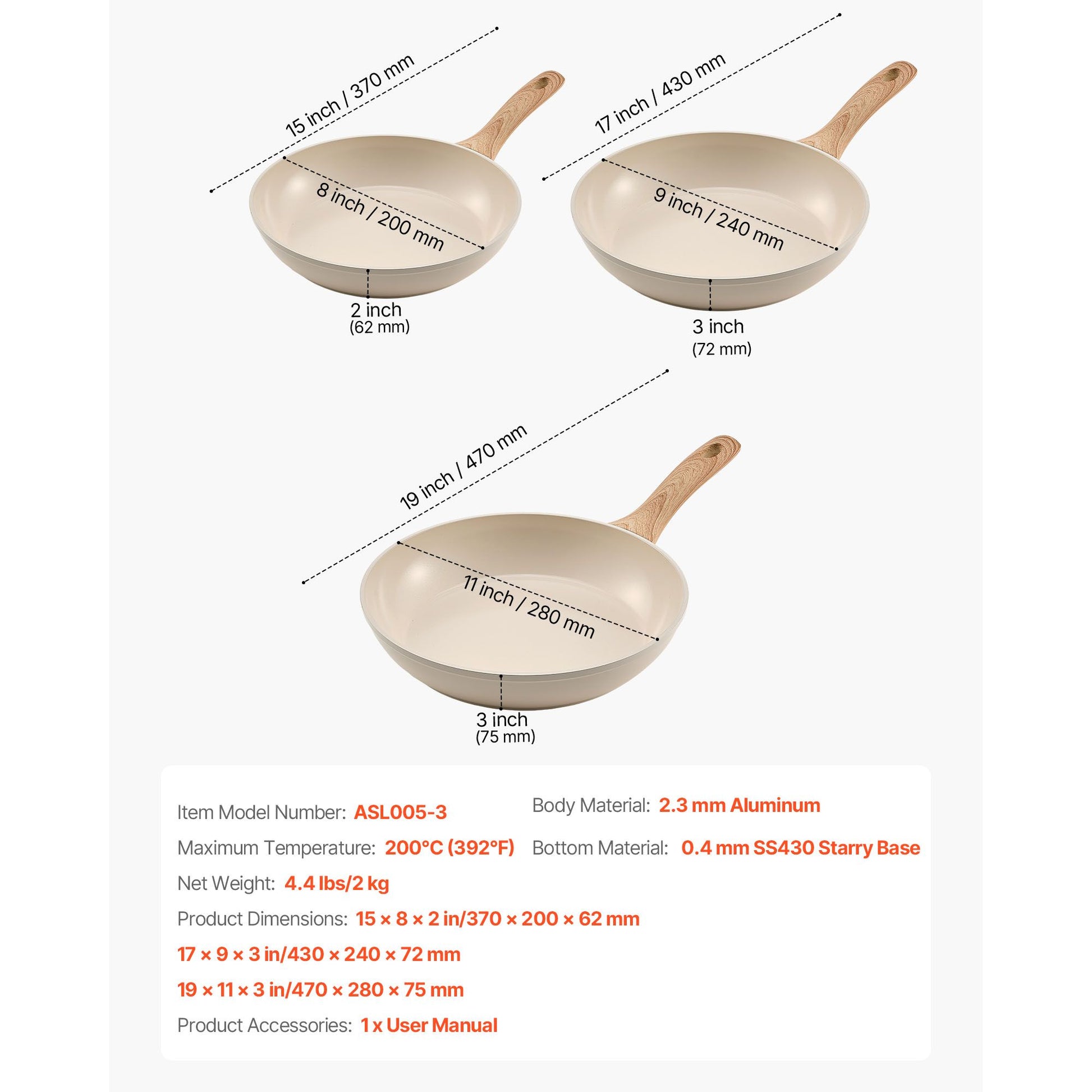 3pc Aluminum Nonstick Frying Pan Set, 8", 9.5" & 11" - Beige