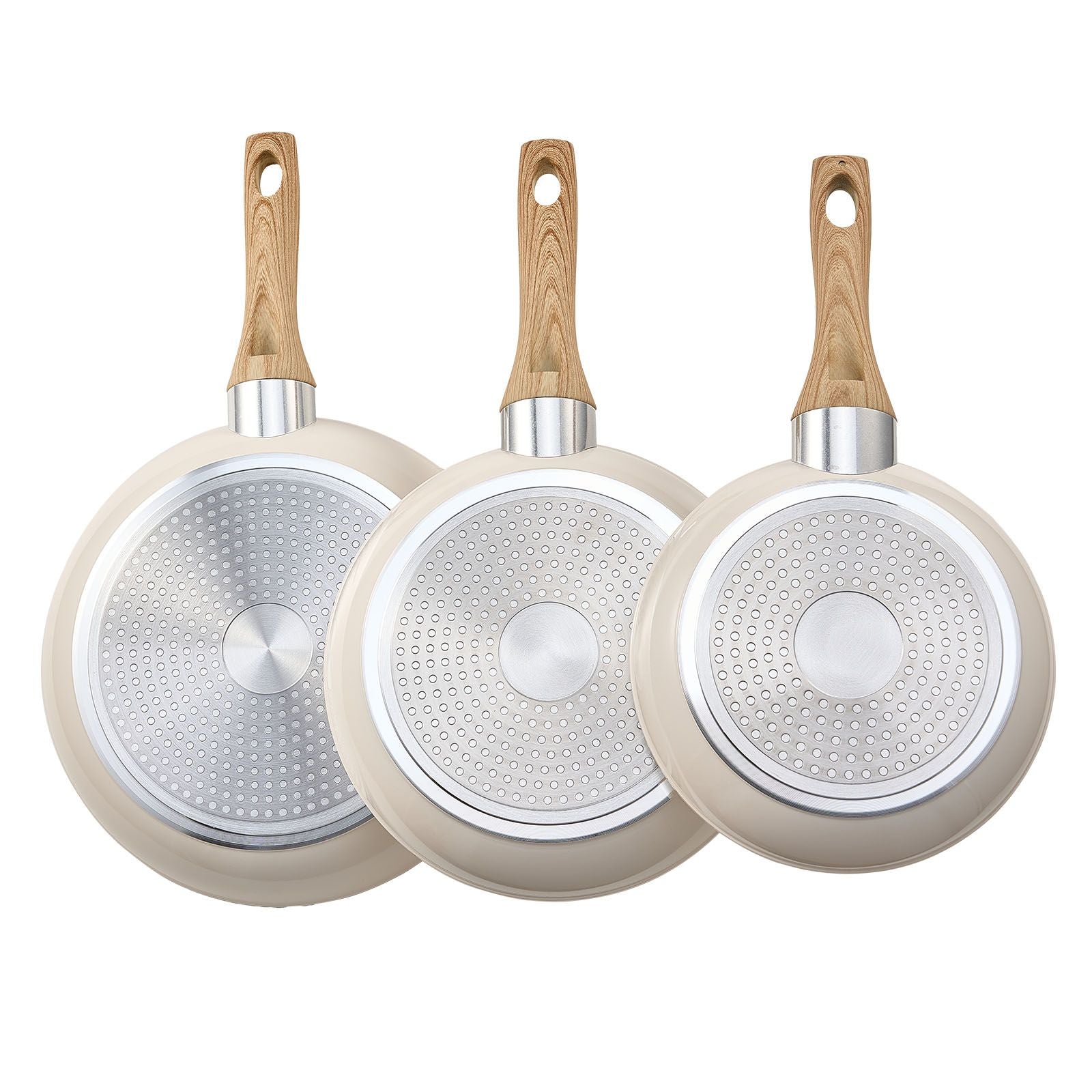 3pc Aluminum Nonstick Frying Pan Set, 8", 9.5" & 11" - Beige