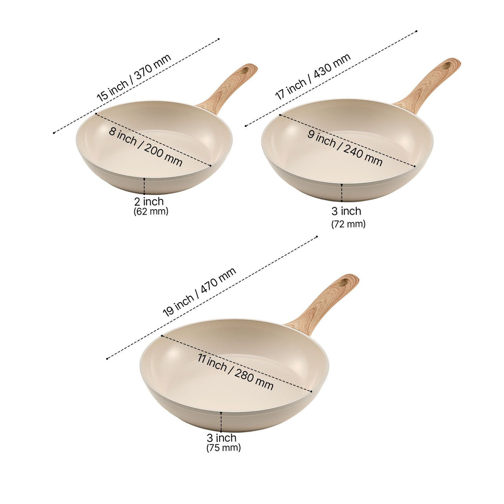 3pc Aluminum Nonstick Frying Pan Set, 8", 9.5" & 11" - Beige