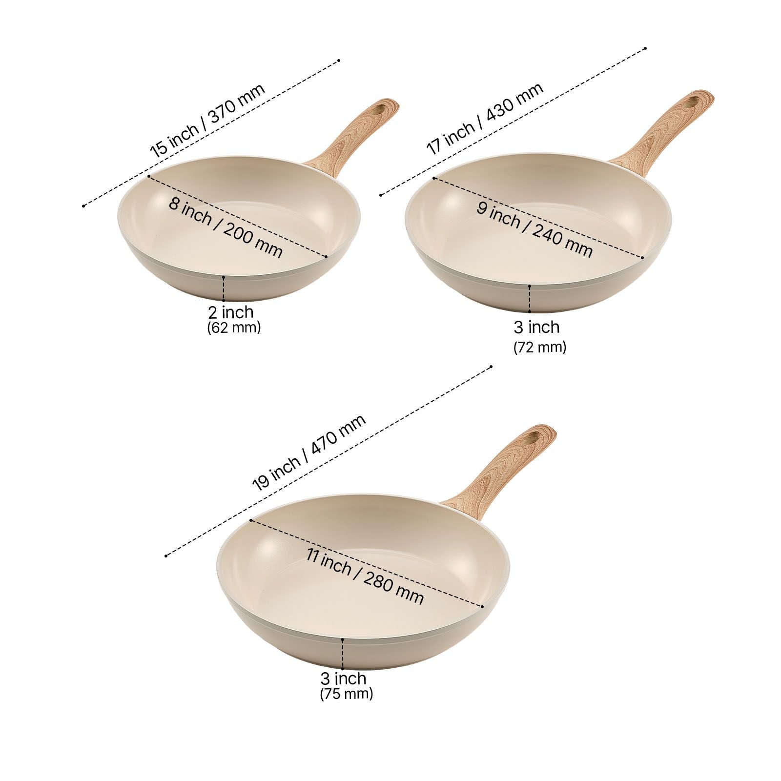 3pc Aluminum Nonstick Frying Pan Set, 8", 9.5" & 11" - Beige