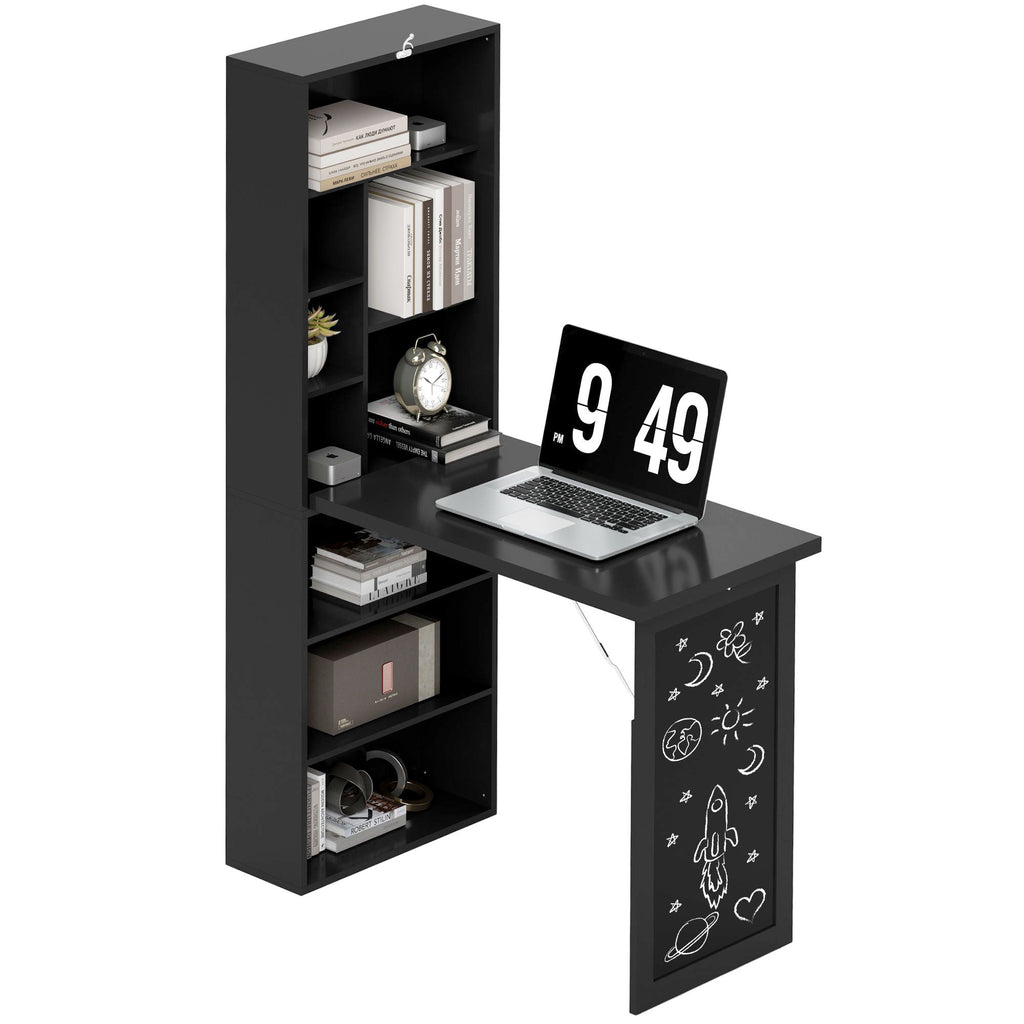 AEELLEEA Fold-Out Computer Desk with Blackboard and Storage Shelves, Space-Saving Writing Desk, Black