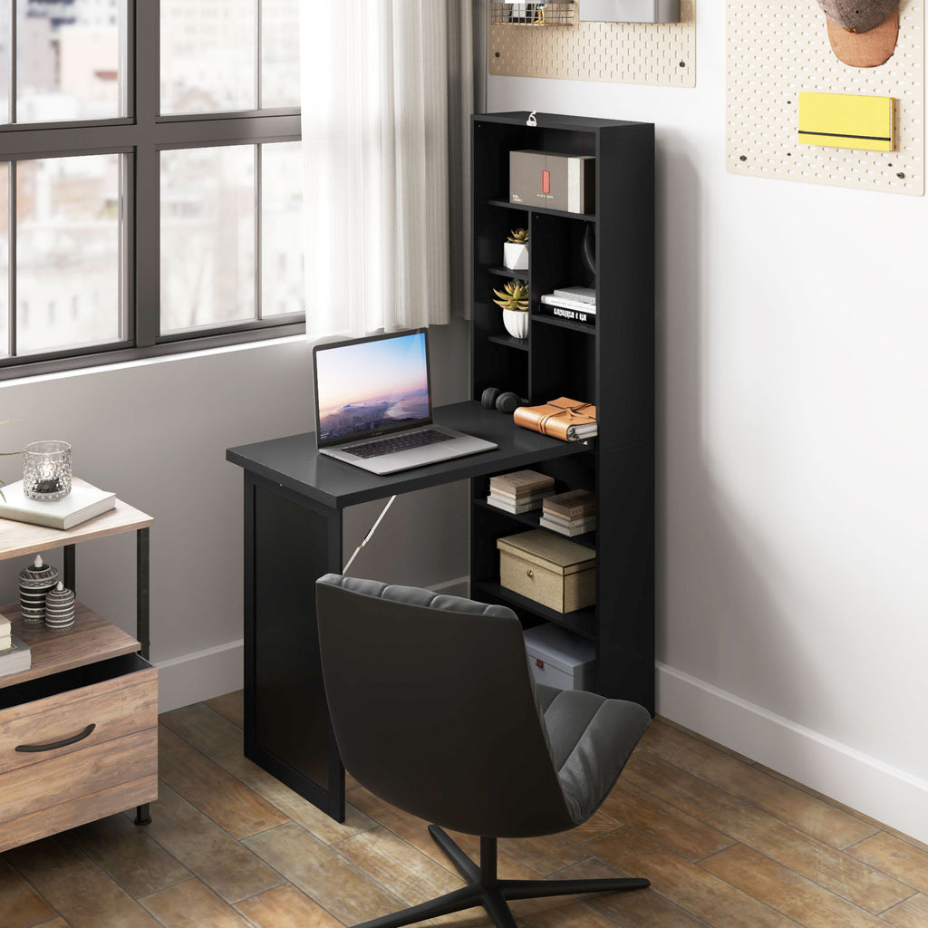 AEELLEEA Fold-Out Computer Desk with Blackboard and Storage Shelves, Space-Saving Writing Desk, Black