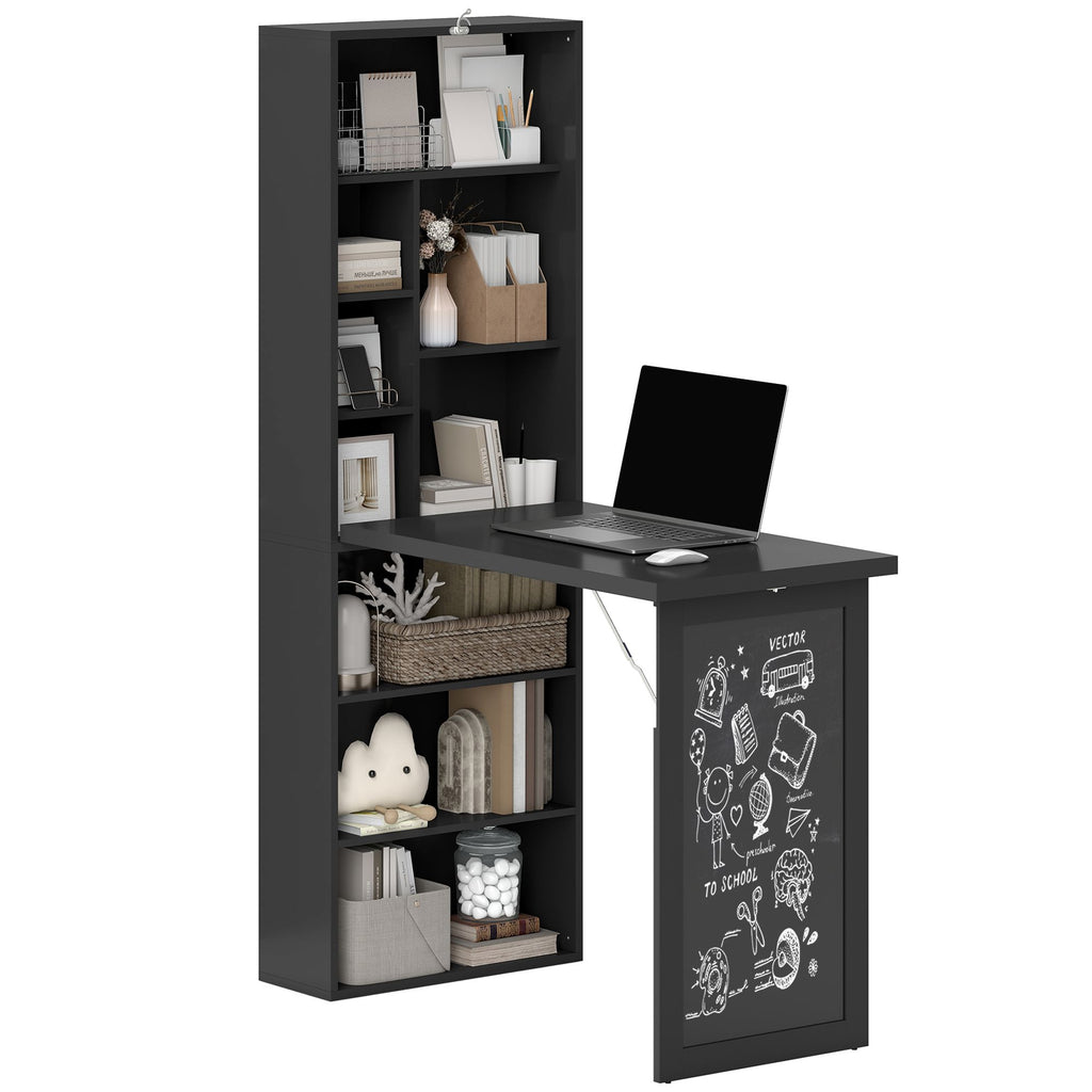 AEELLEEA Fold-Out Computer Desk with Blackboard and Storage Shelves, Space-Saving Writing Desk, Black