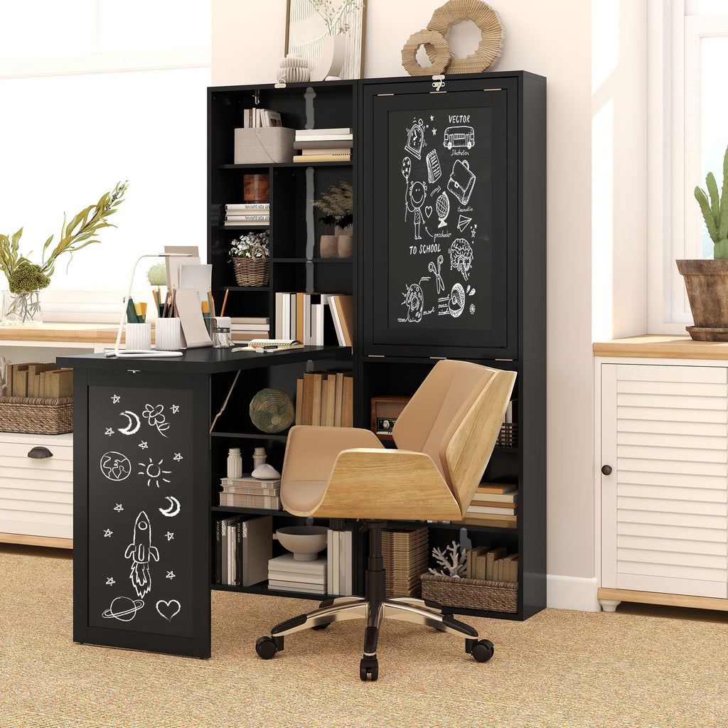 AEELLEEA Fold-Out Computer Desk with Blackboard and Storage Shelves, Space-Saving Writing Desk, Black
