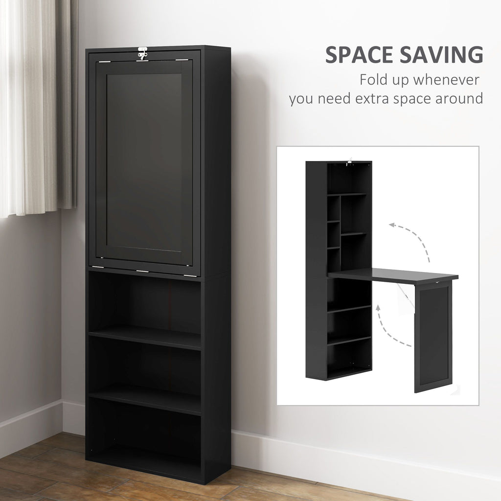 AEELLEEA Fold-Out Computer Desk with Blackboard and Storage Shelves, Space-Saving Writing Desk, Black
