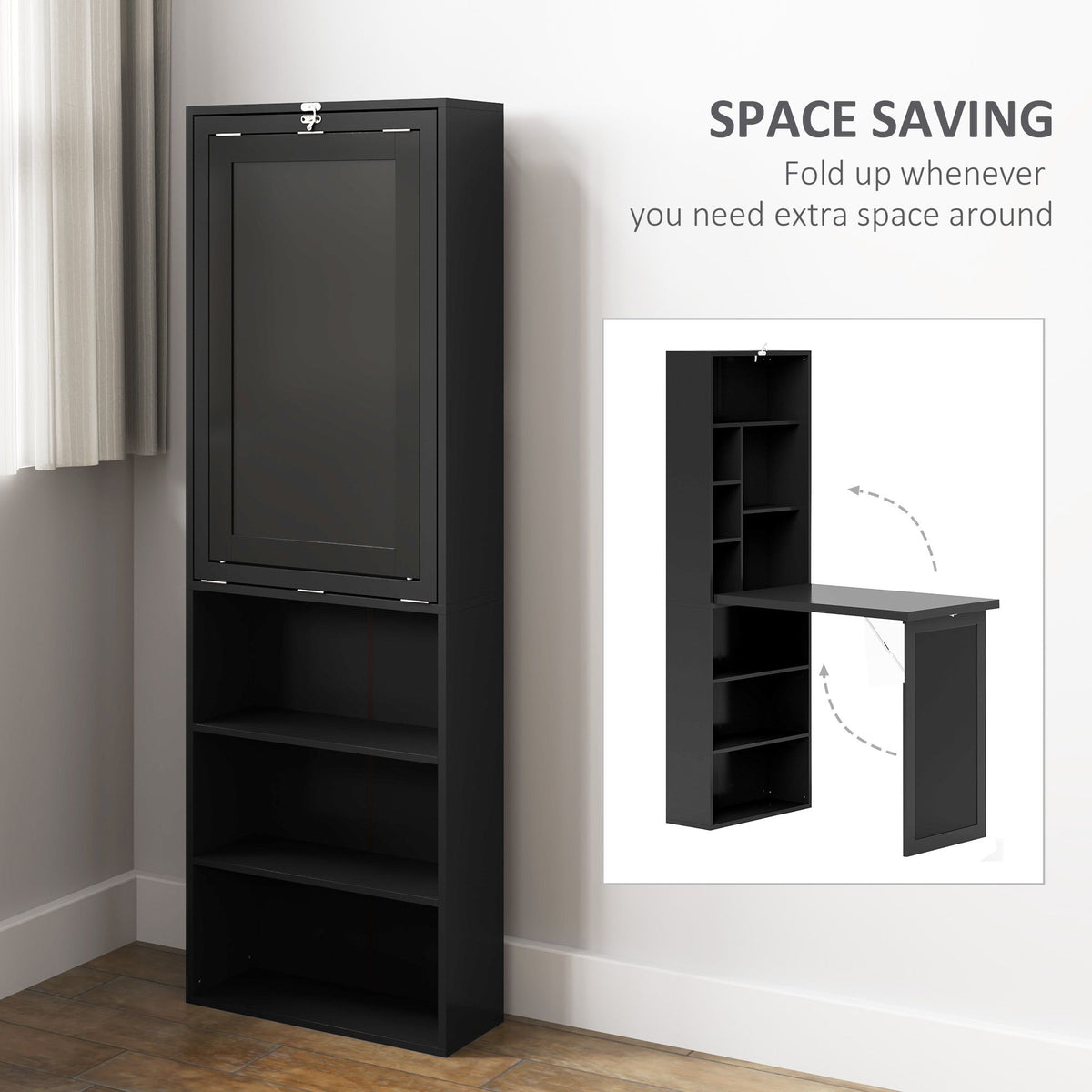 AEELLEEA Fold-Out Computer Desk with Blackboard and Storage Shelves, Space-Saving Writing Desk, Black
