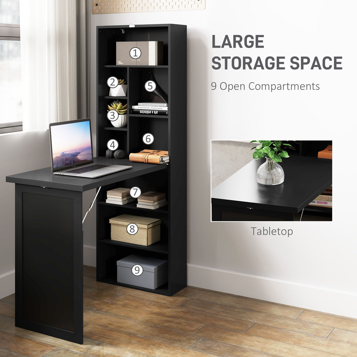 AEELLEEA Fold-Out Computer Desk with Blackboard and Storage Shelves, Space-Saving Writing Desk, Black