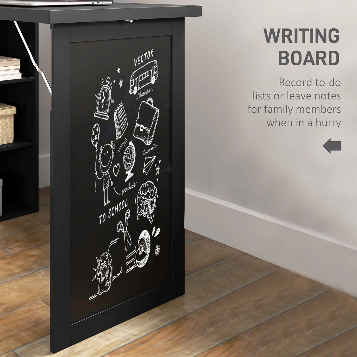 AEELLEEA Fold-Out Computer Desk with Blackboard and Storage Shelves, Space-Saving Writing Desk, Black