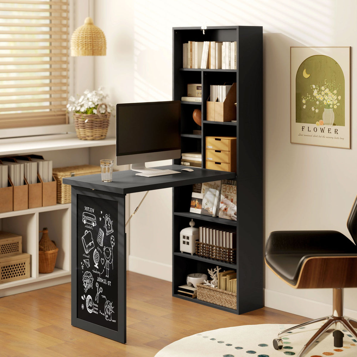 AEELLEEA Fold-Out Computer Desk with Blackboard and Storage Shelves, Space-Saving Writing Desk, Black
