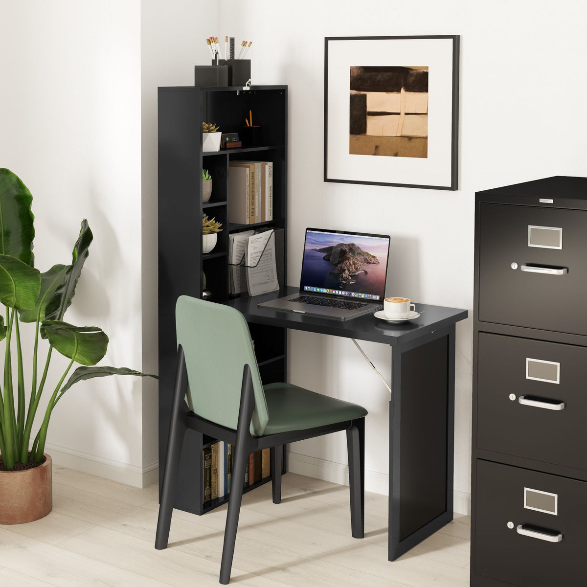 AEELLEEA Fold-Out Computer Desk with Blackboard and Storage Shelves, Space-Saving Writing Desk, Black