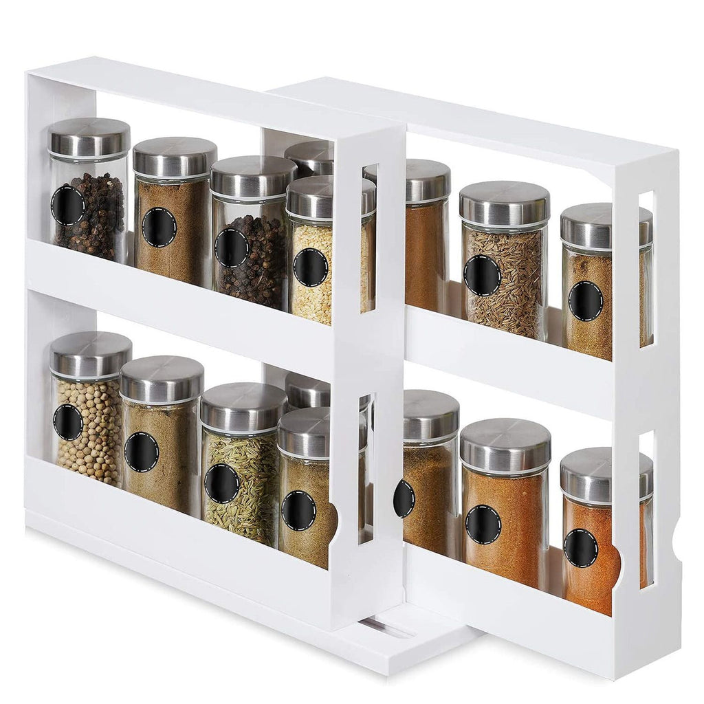 2-Tier Rotating Spice Rack Organizer, 90° Pull-Out Cabinet Storage, Holds Up to 20 Bottles, White