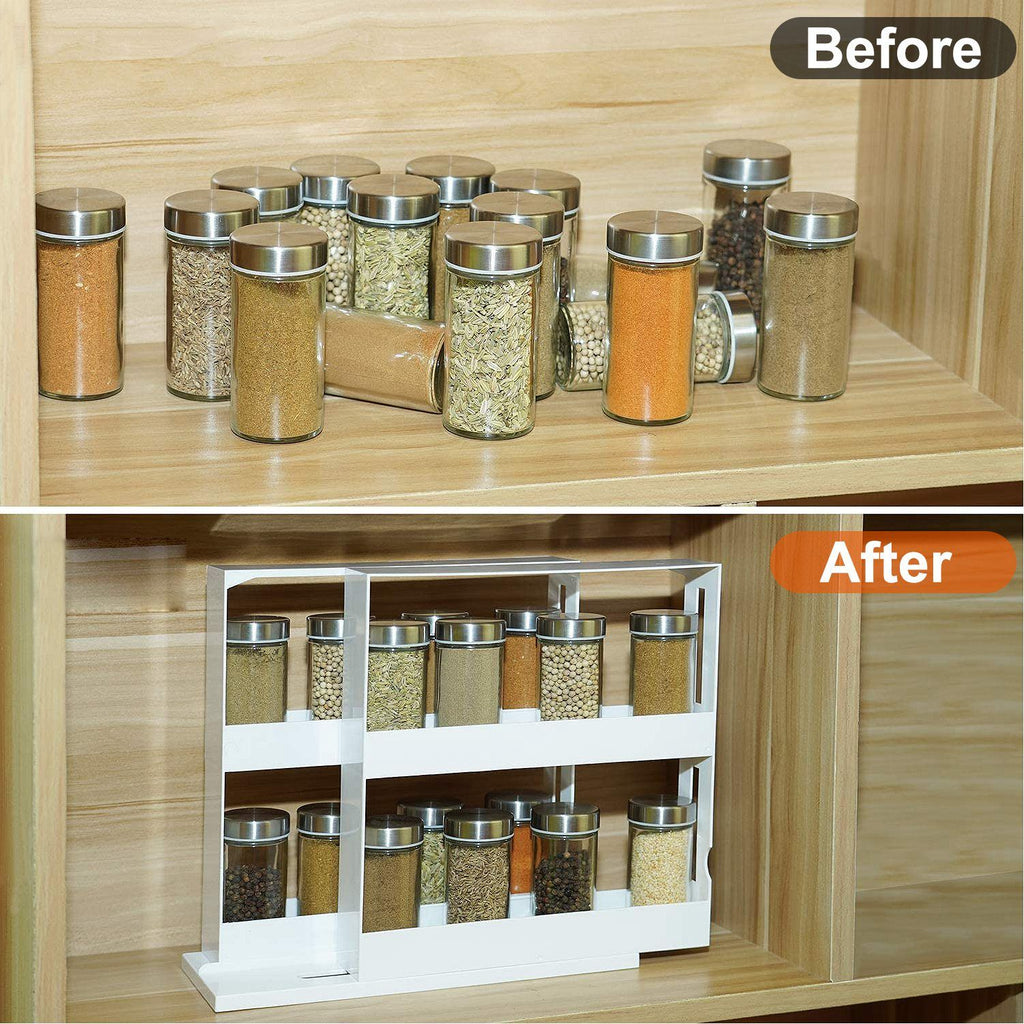 2-Tier Rotating Spice Rack Organizer, 90° Pull-Out Cabinet Storage, Holds Up to 20 Bottles, White