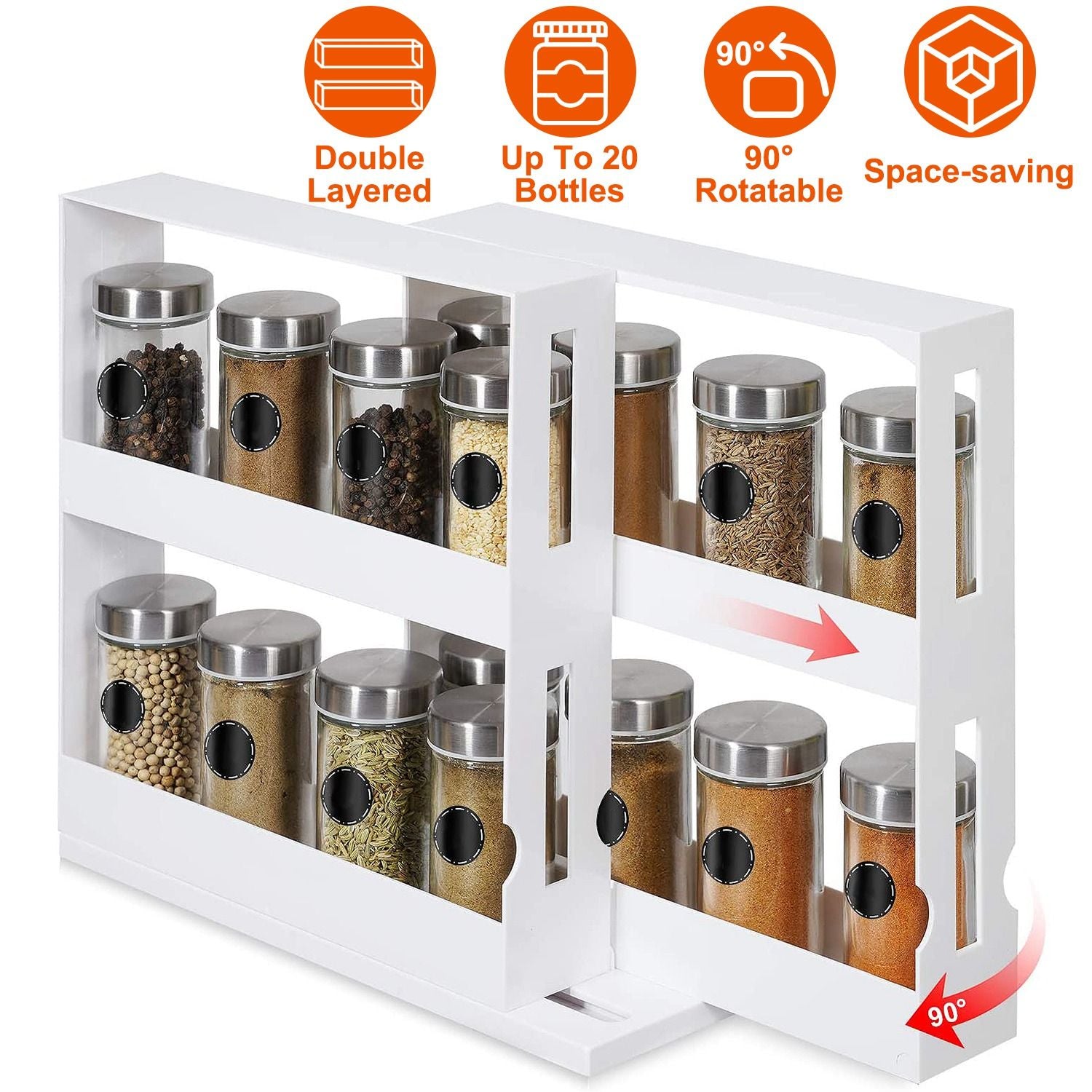 2-Tier Rotating Spice Rack Organizer, 90° Pull-Out Cabinet Storage, Holds Up to 20 Bottles, White